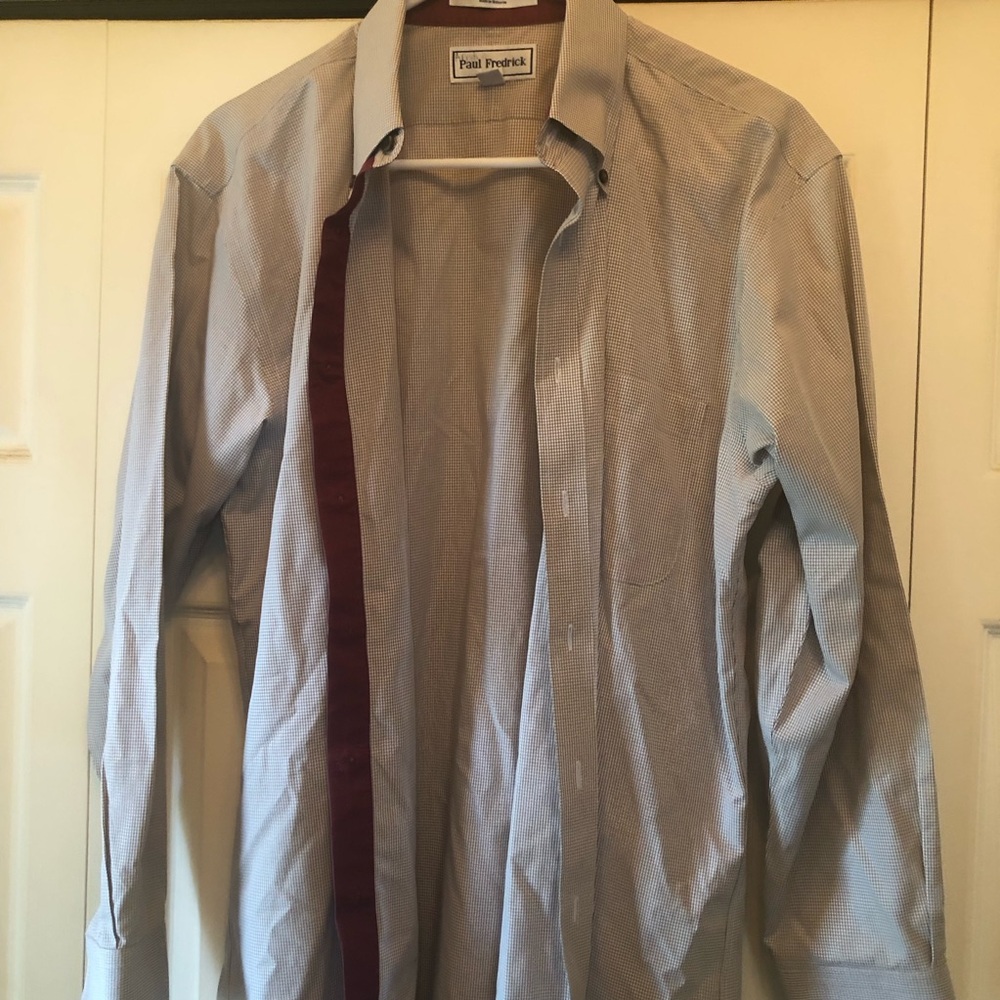Paul Fredrick Brown Check Dress Shirt with Burgundy Trim